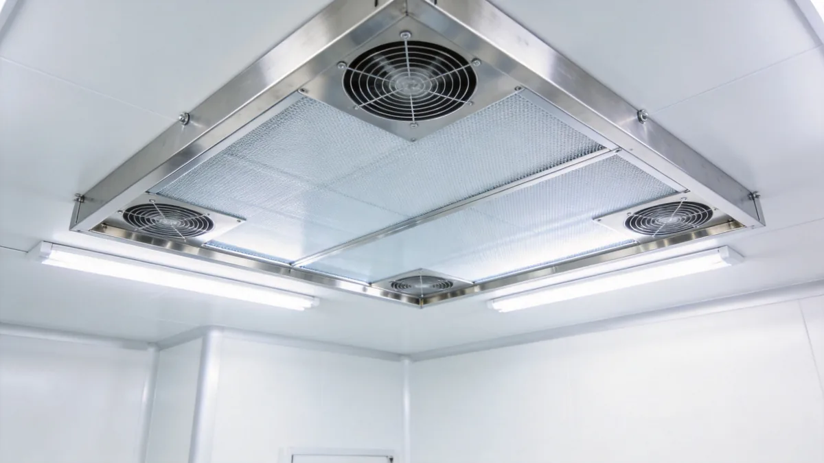 Cleanroom fan filter unit ceiling module with a stainless steel laminar flow panel