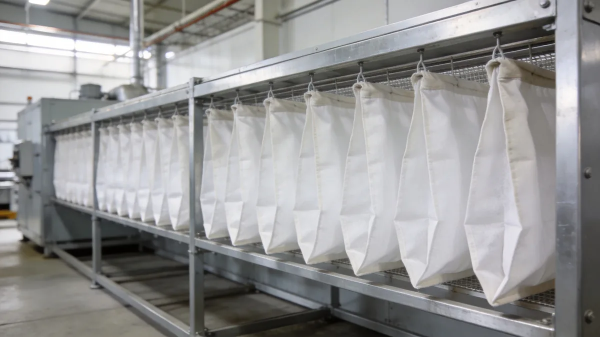 Row of white fabric filter bags in a metal air-handling frame