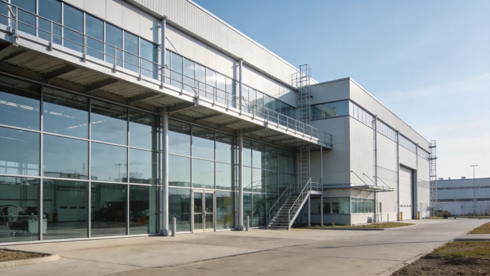 Modern industrial facility with glass and steel architecture